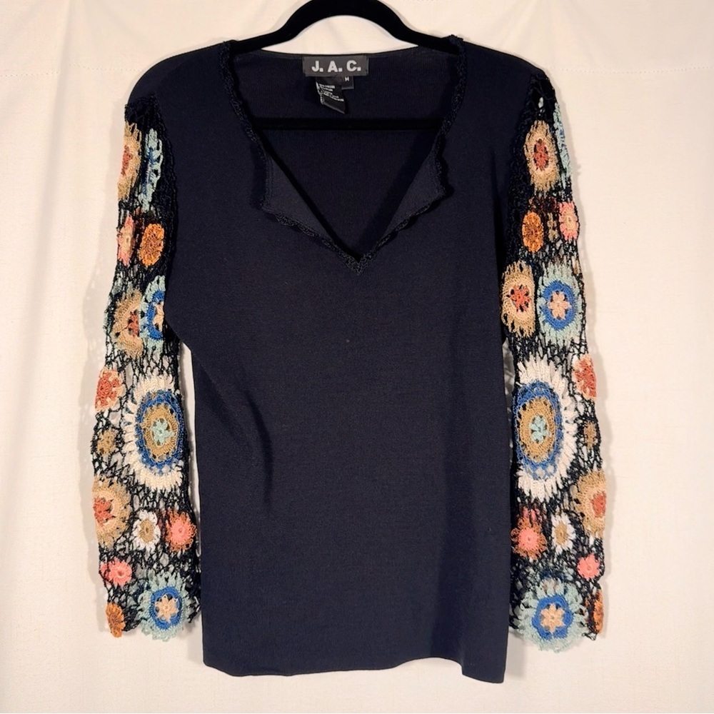 J.A.C. Black Knit Top w/ Multicolor Crochet Lace Sleeves